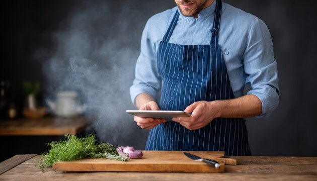 Chef using digital tablet in smoky kitchen with fresh herbs and spices