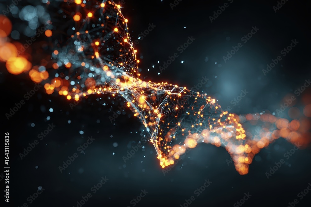 Poster Exploring the complexity of abstract technology with virtual molecules and interconnected particles in a vibrant, digital landscape