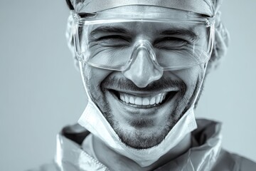 Doctor wearing protective goggles and smiling in a clinical environment during an afternoon shift