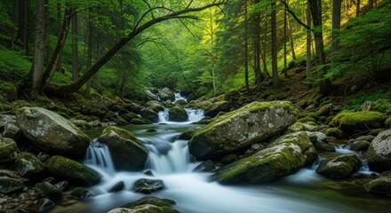 Obraz premium A serene river cascades through a verdant forest showcasing the beauty of nature