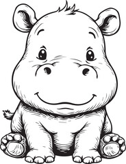 Cute Hippo Illustration: This charming black and white illustration features a lovable baby hippo with a friendly smile and adorable big eyes, creating a feeling of innocence and cuteness.