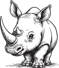 Charming Rhino Portrait: A detailed and endearing ink drawing showcases a baby rhinoceros, with its distinctive horn, endearing features, and a sense of charm. 