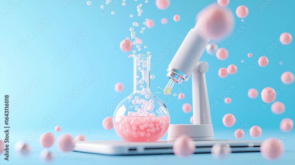 Poster laboratory microscope flask pink science research experiment bubbles blue background creative techno
