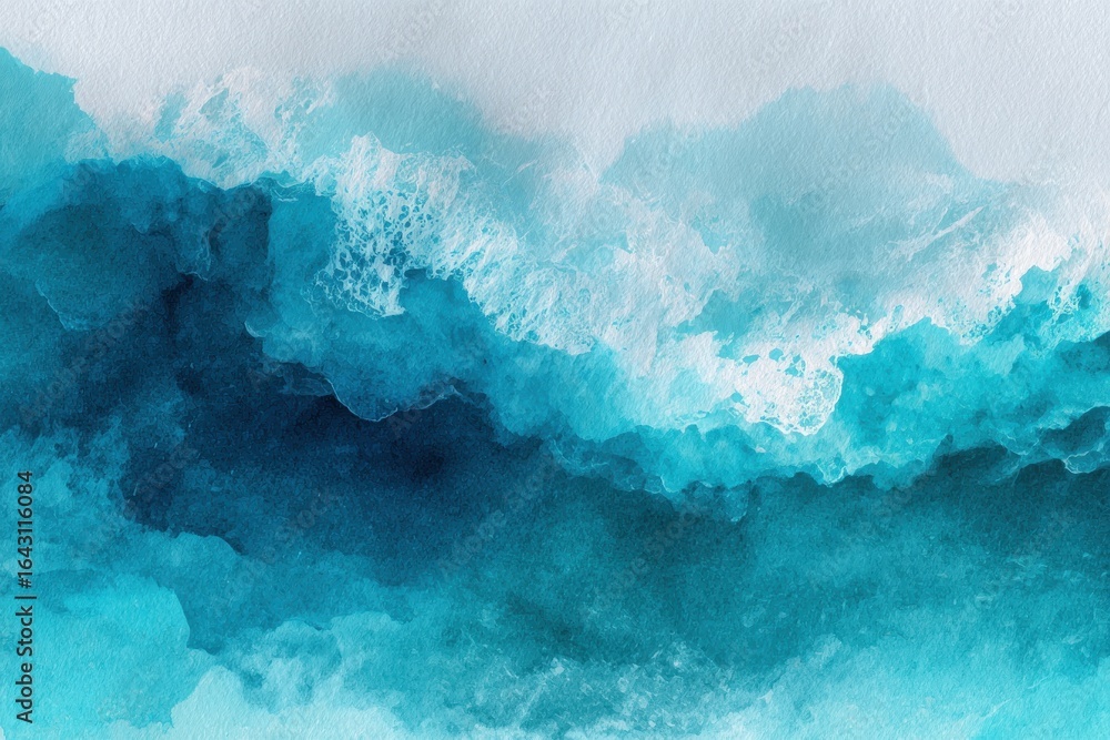 Poster abstract watercolor representation of the ocean displaying vibrant shades of blue and white waves ca