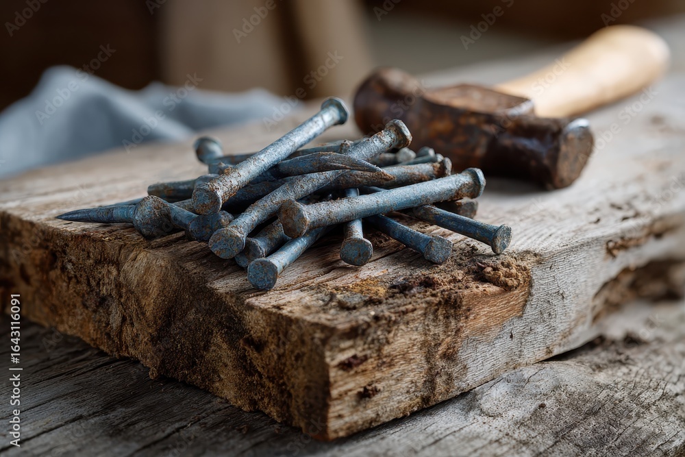 Poster Hammer and nails placed on a rustic wooden frame for a DIY project demonstrating craftsmanship and construction techniques in a workshop setting