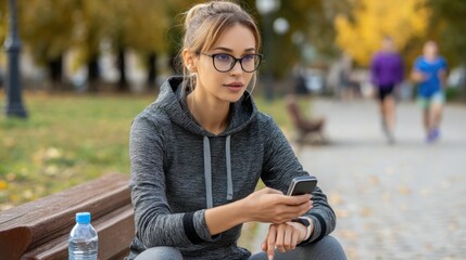 Young sportswoman using smartphone and wearing smartwatch sitting on bench in park