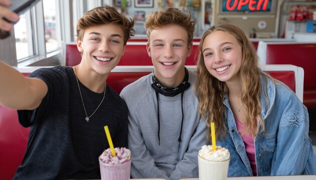 Friends enjoying milkshakes at a retro diner