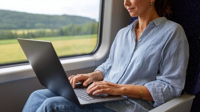 Woman working on laptop while traveling by train