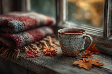 Tasse de thé chaude avec vapeur, ambiance automnale chaleureuse avec feuilles colorées et lumière douce
