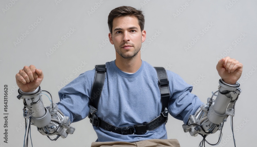 Poster engineer testing futuristic robotic arm prototype in laboratory