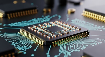 Detailed close-up of a complex computer chip showcasing its intricate circuitry and modern