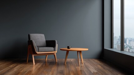 A modern, minimalist living room corner with a comfortable armchair and a small side table.