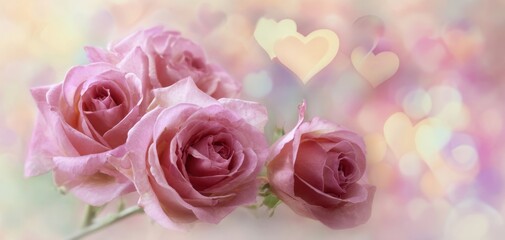 Obraz premium The romantic arrangement of pink roses with hearts in a dreamy background.