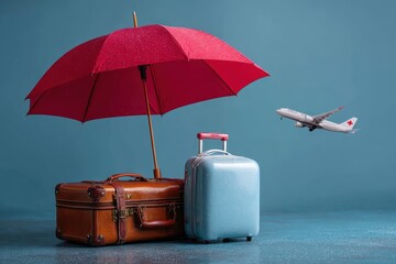 Travel insurance concept featuring a red umbrella over two suitcases with an airplane in the background providing protection for travelers in uncertain conditions