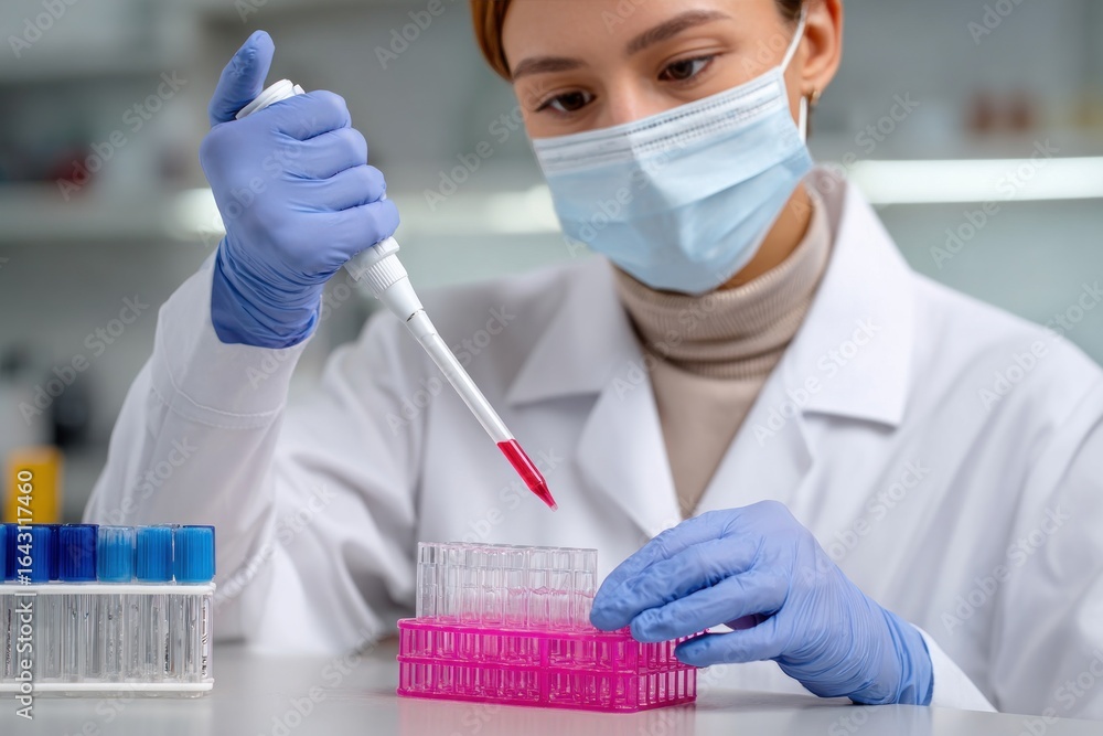 Poster scientist analyzing samples in laboratory using micropipette and test tubes