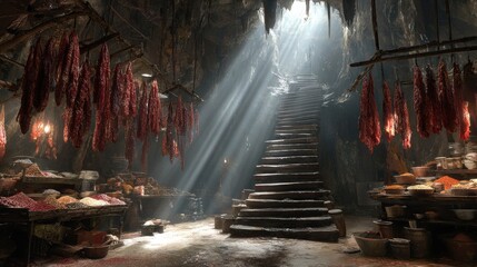 Sunbeams illuminate a cavernous spice market with hanging meats and stone stairs