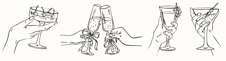 Hand drawn outline cheers. Hands hold glasses of white sparkling wine, champagne or cocktail. Line drawing of people celebrating. Vector illustration for greeting card, postcard, invitation, menu.