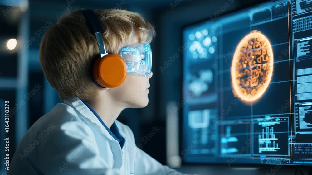 Aufkleber young boy child student explores science and technology laboratory, studying digital brain scan comp