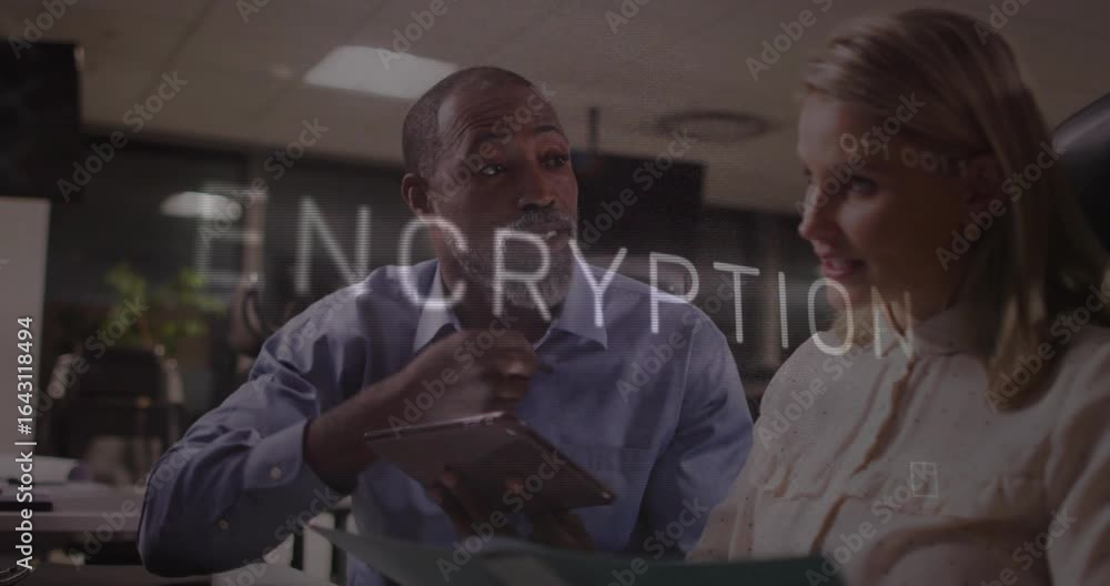 Poster man tapping tablet screen and showing encryption letters for encryption demo as woman listens