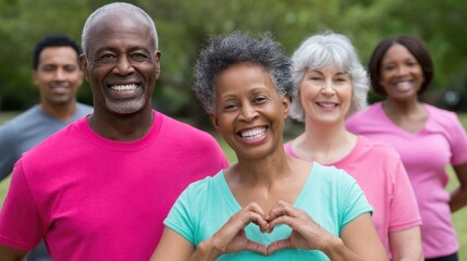 Group of smiling senior people wearing pink is making heart shape with hands