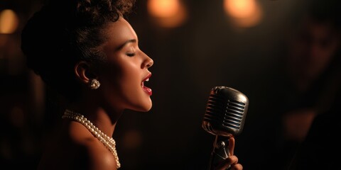 The soulful singer captivating the audience with a vintage microphone.