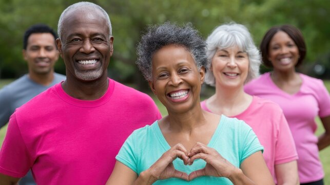 Group of smiling senior people wearing pink is making heart shape with hands