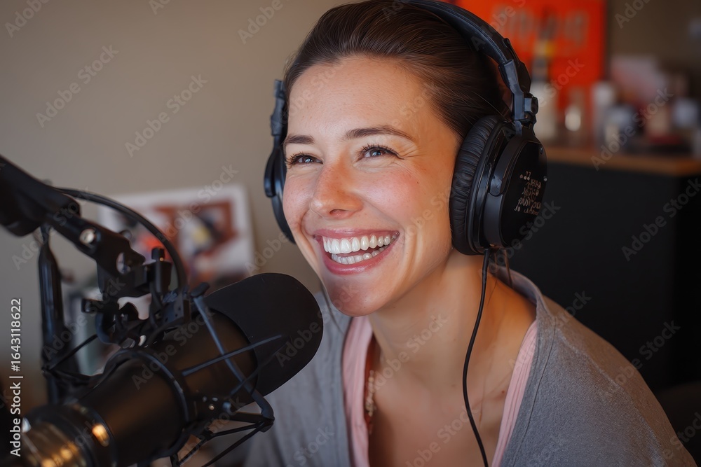 Poster cheerful podcast host engages with guests during recording session in professional studio setting