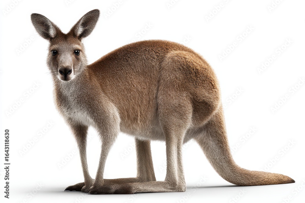 Poster kangaroo standing isolated on a white background with a soft shadow beneath it, highlighting its uni