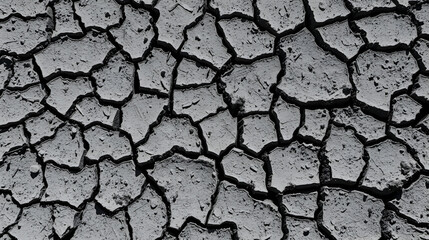 Obraz premium Dry cracked earth resembling a jigsaw puzzle with straw fragments in monochrome, featuring drought and farming themes