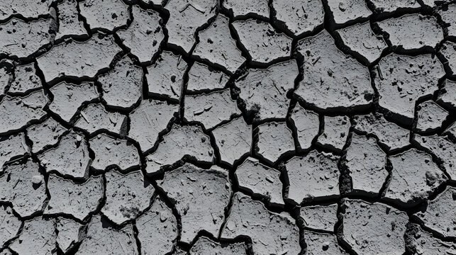 Dry cracked earth resembling a jigsaw puzzle with straw fragments in monochrome, featuring drought and farming themes