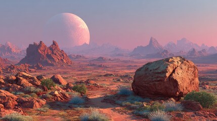 Alien landscape with red rocks, a large boulder, sparse vegetation, and a large pale planet in the background under a pink sky