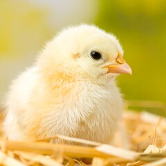 Fluffy yellow chick nestled in straw, soft light background