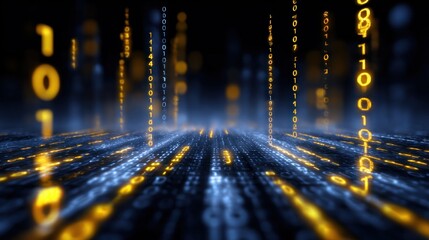 Glowing binary code streams in a digital space