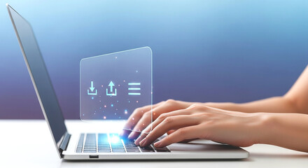 A person typing on a laptop with a digital interface showing upload download and menu icons overlayed