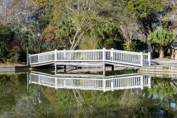 Bridge over serene park pond