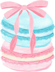 pink and blue French macarons stacked with a delicate pink bow on top