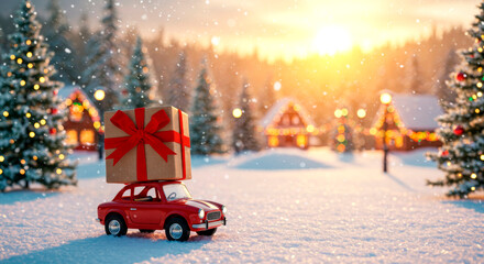 A red toy car carrying a large Christmas gift in a snowy village landscape with decorated pine trees and sunlight.