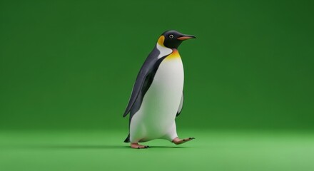 Naklejka premium Single emperor penguin gracefully walking on a vibrant green backdrop in a studio setting