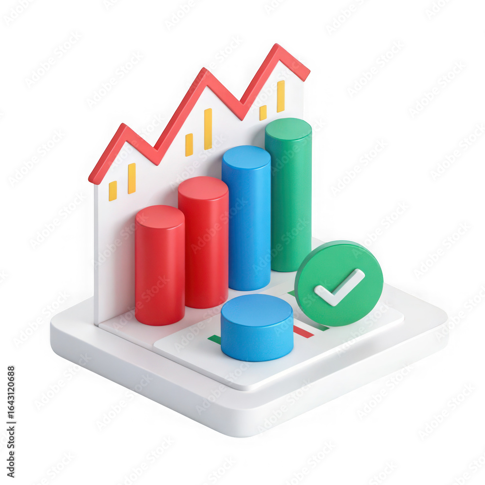 Poster 3d isometric bar chart with upward trend line and green checkmark symbol isolated on transparent bac