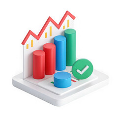 3d isometric bar chart with upward trend line and green checkmark symbol isolated on transparent background