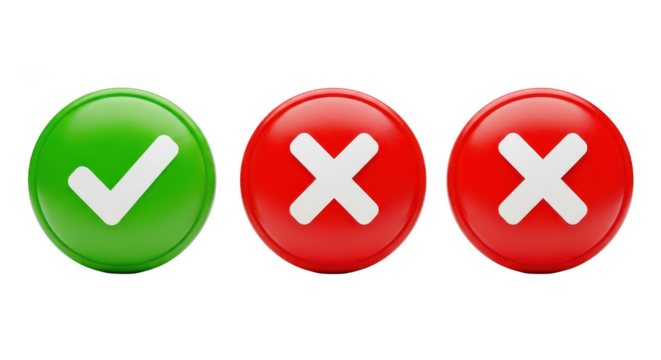 3D Green Checkmark and Red X Buttons: Transparent Background PNG