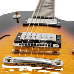 Closeup of a sunburst electric guitar, showing the strings, pickups, and bridge, isolated on transparent background