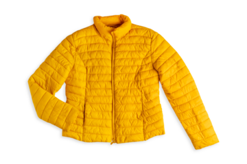 Top view of single bright yellow cozy casual puffer jacket with long sleeves for cold rainy weather of autumn or spring season isolated on white background used as warm comfortable modern clothing