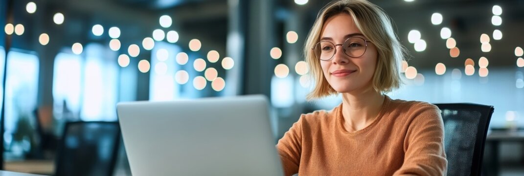 Young office worker focused on her computer in a modern office environment, working diligently.