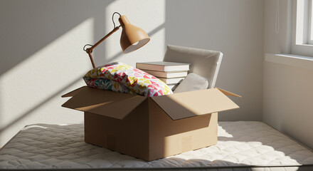 Moving box with books, lamp, and pillows on a mattress in a sunlit empty room. Concept for college move-in day, first apartment, starting over, or unpacking. New beginnings with natural light