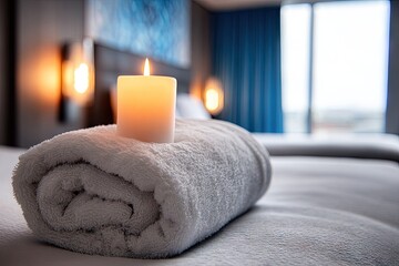Rolled white towel on a bed with a candle.