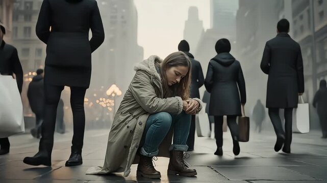 Solitude in the City A Woman in Distress Amidst a Crowd of Passersby on a Street