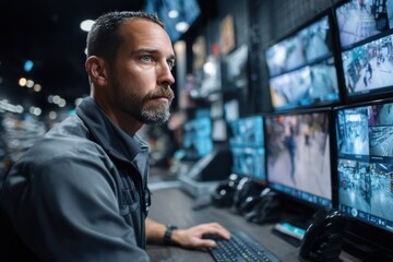 Security guard monitoring multiple screens in surveillance room