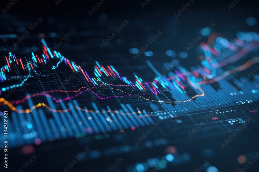 Poster financial graph displaying market trends on a blue abstract technology background illustrating data 