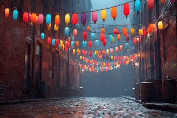 Rain-slicked alleyway with colorful paper lanterns